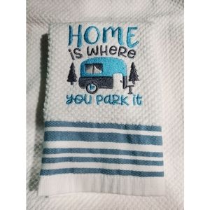 Turquoise Home is Where You Park It Kitchen towel